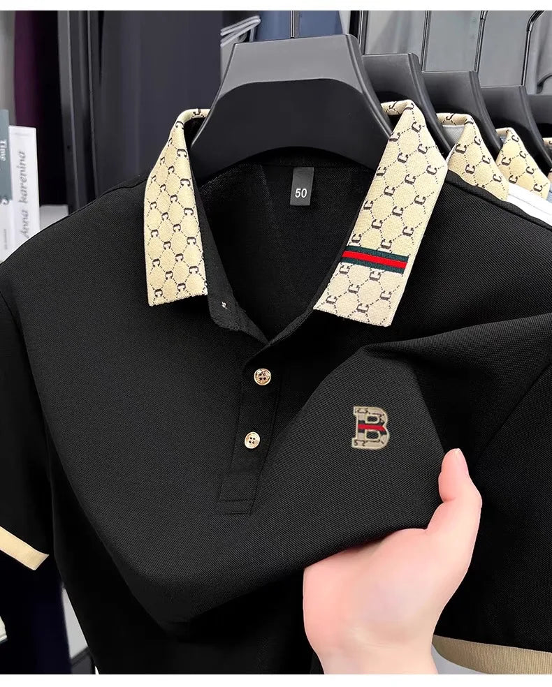 B Letter Embossed Short Sleeve Polo Shirt