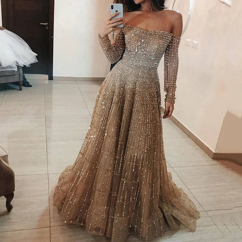 Off-Shoulder Sequin Tulle Gown
