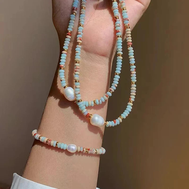 Natural Stone Bead Pearl Pendant Bracelet