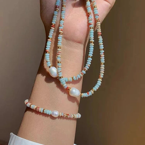 Natural Stone Bead Pearl Pendant Bracelet