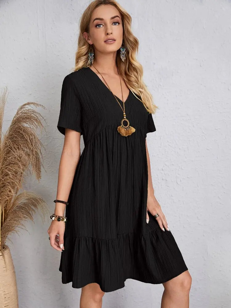 Elegant Short Sleeve V Neck Ruffles Dress