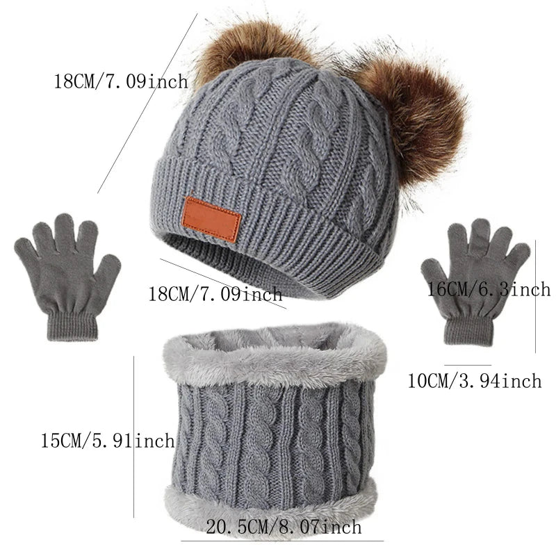 Kids' Pom-Pom Knit Hat, Scarf & Gloves Set