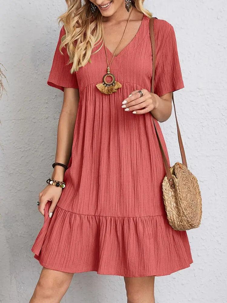 Elegant Short Sleeve V Neck Ruffles Dress