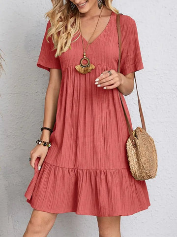 Elegant Short Sleeve V Neck Ruffles Dress