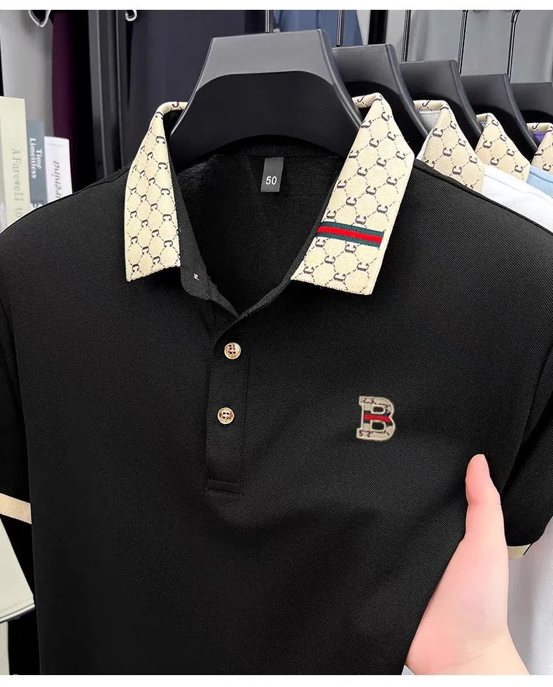 B Letter Embossed Short Sleeve Polo Shirt