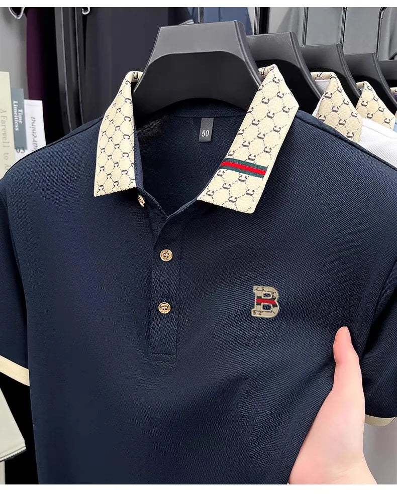 B Letter Embossed Short Sleeve Polo Shirt