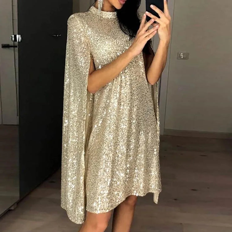 Sequin Cape-Sleeve Party Dress