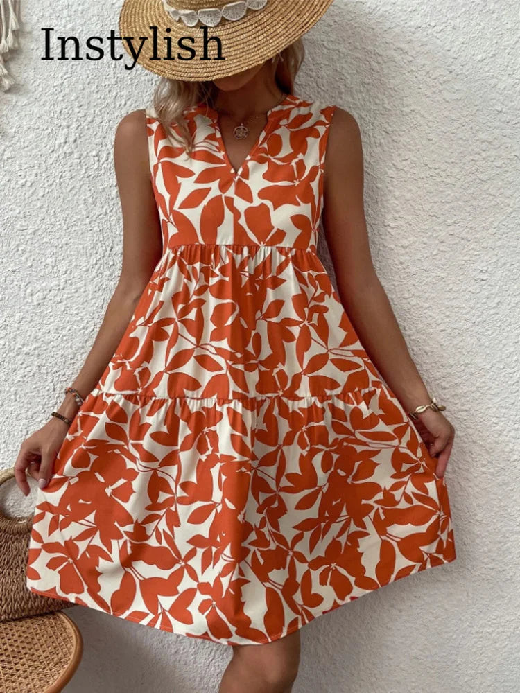 Leaf Print Tiered Mini Dress