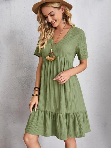 Elegant Short Sleeve V Neck Ruffles Dress