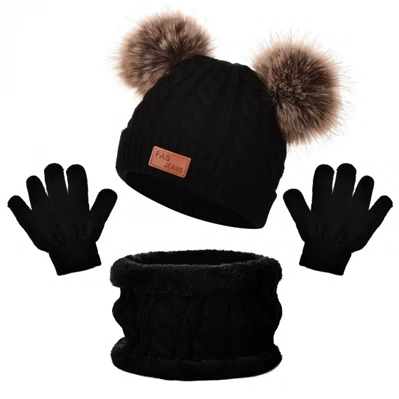 Kids' Pom-Pom Knit Hat, Scarf & Gloves Set