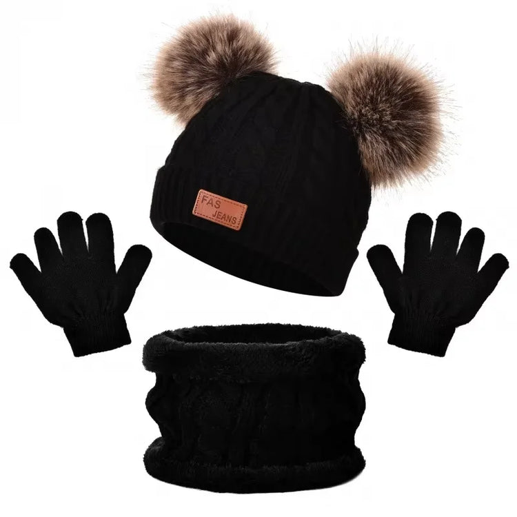 Kids' Pom-Pom Knit Hat, Scarf & Gloves Set
