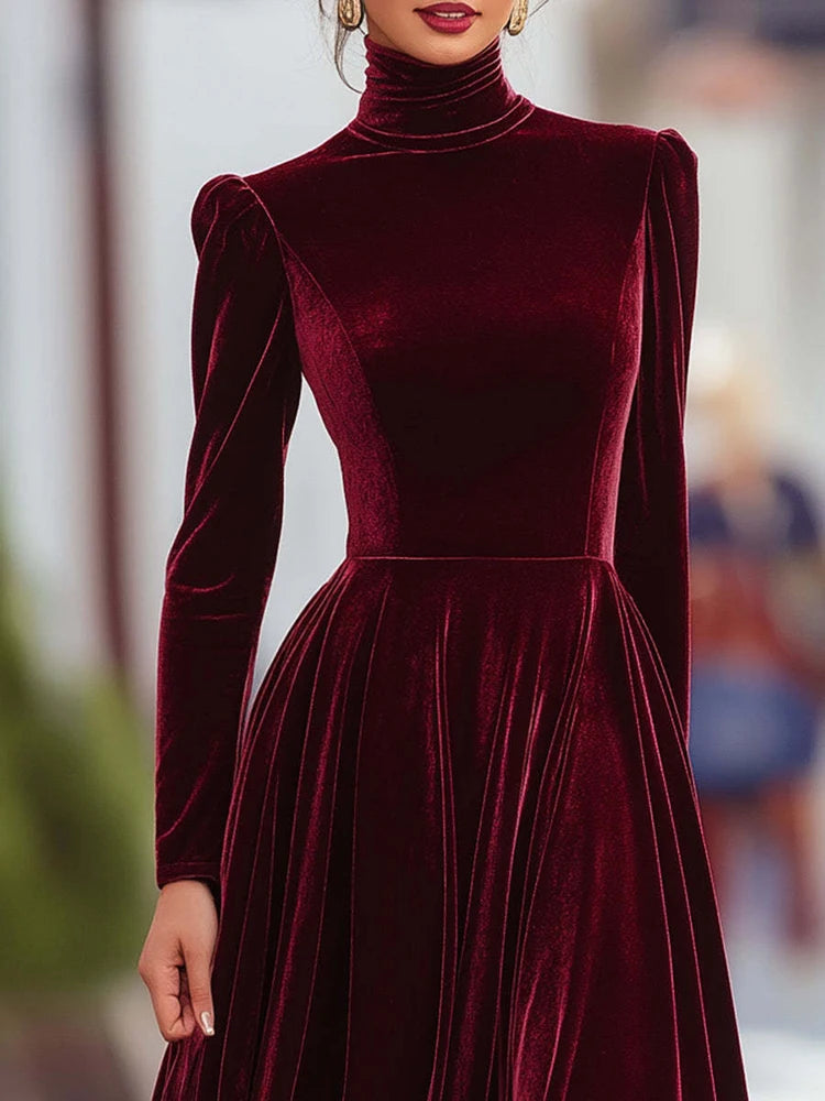 Velvet High-Neck Flared Midi Dress