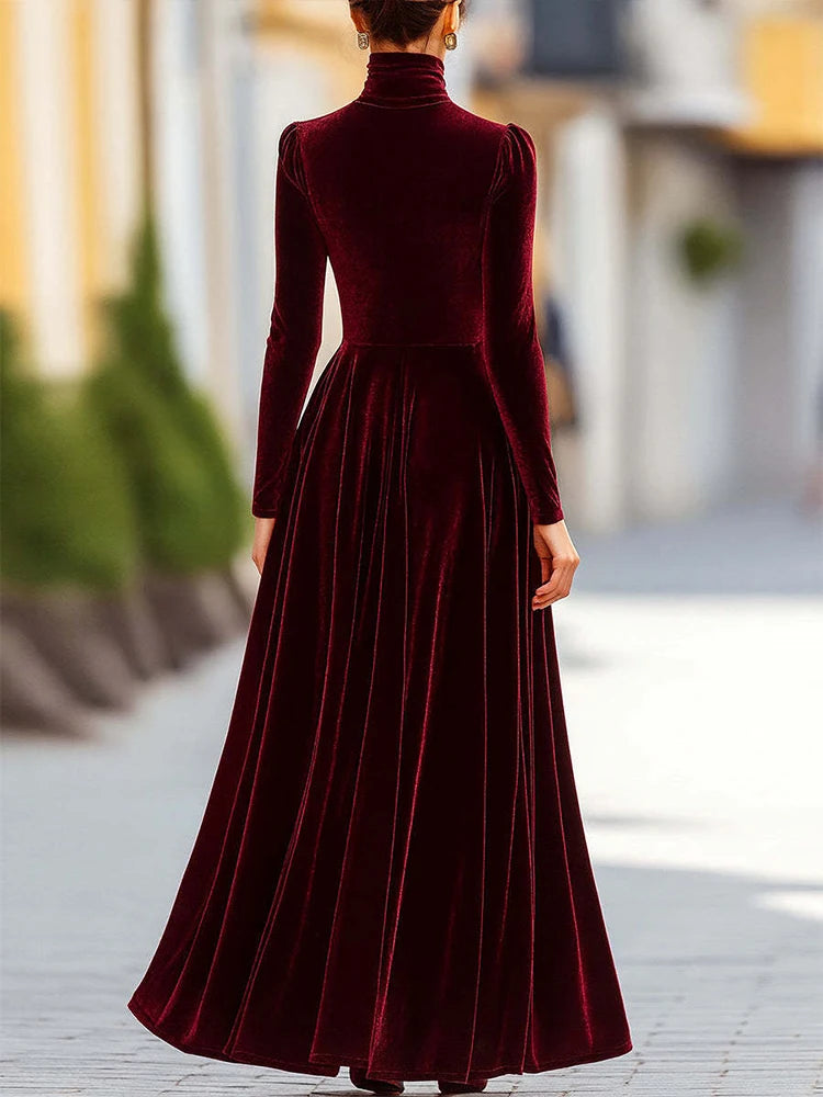 Velvet High-Neck Flared Midi Dress