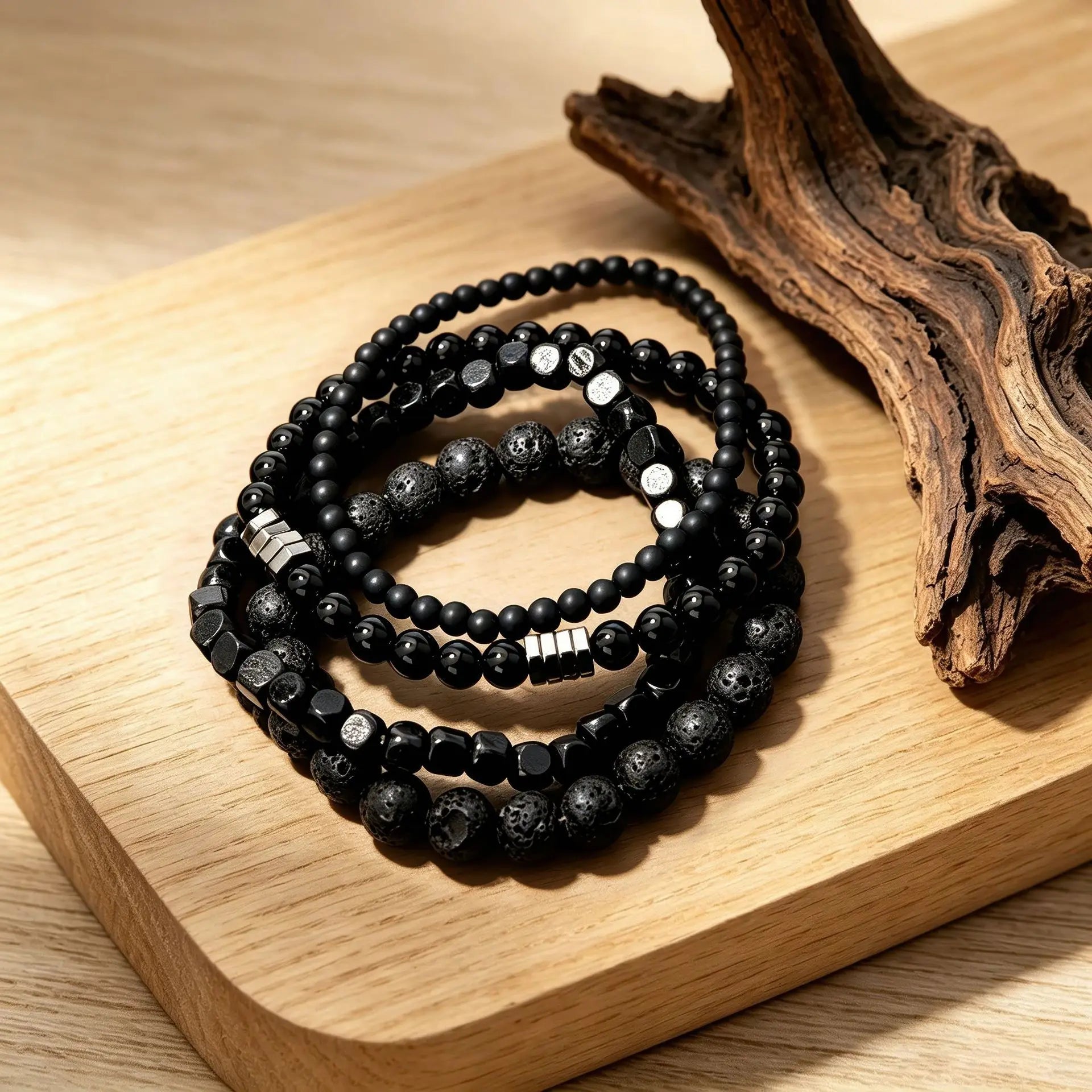 Black Stone Bead Bracelet Set