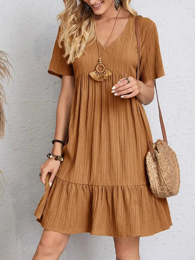 Elegant Short Sleeve V Neck Ruffles Dress