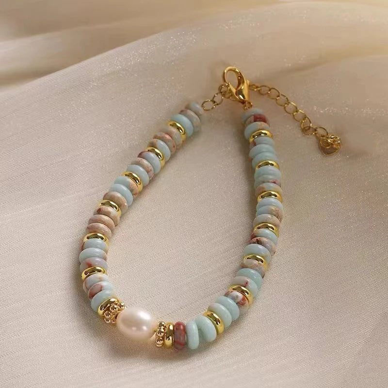 Natural Stone Bead Pearl Pendant Bracelet
