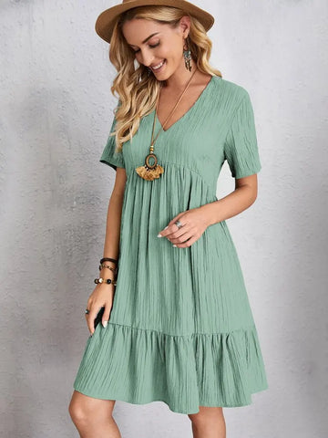 Elegant Short Sleeve V Neck Ruffles Dress