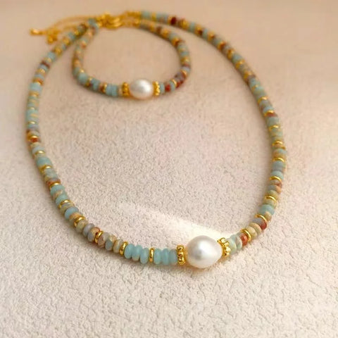 Natural Stone Bead Pearl Pendant Bracelet