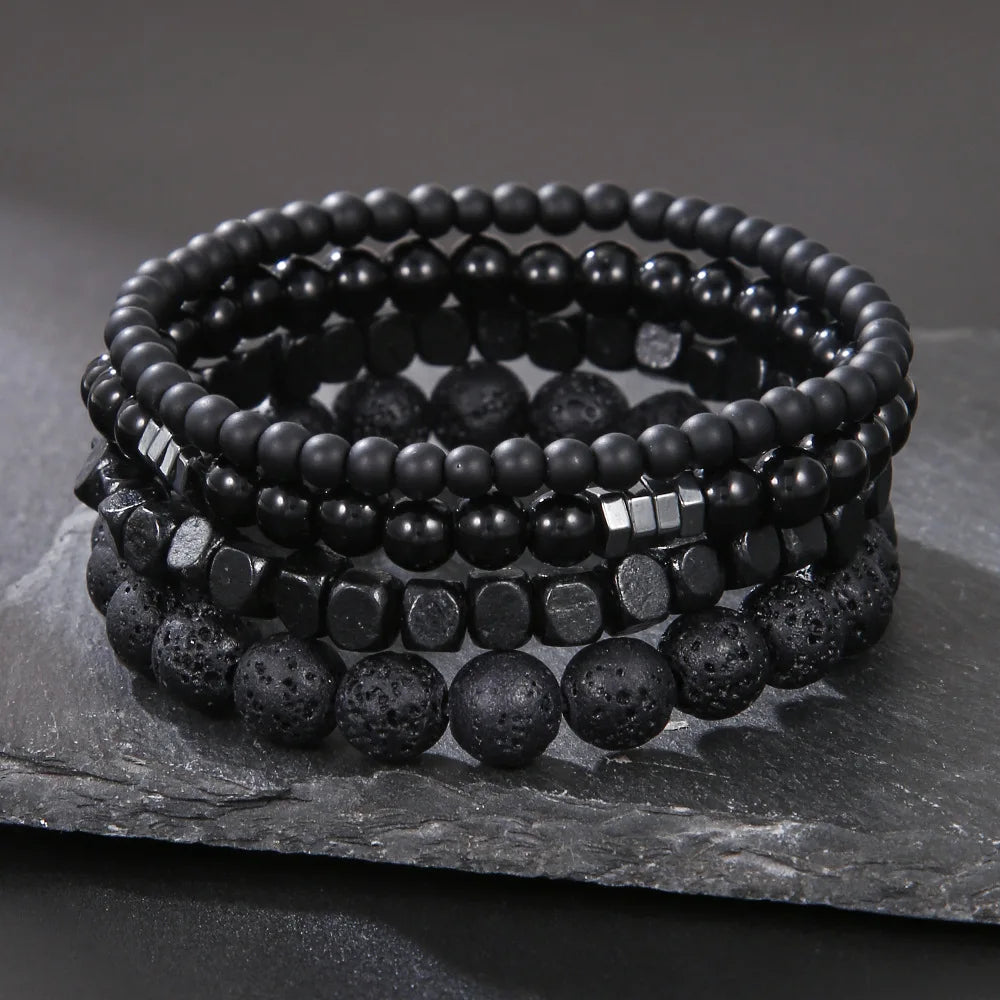 Black Stone Bead Bracelet Set